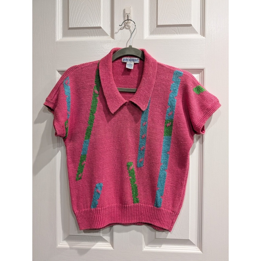 Vintage Womens Retro Knit Polo Top Small 80s Preppy Grandma Abstract Coastal